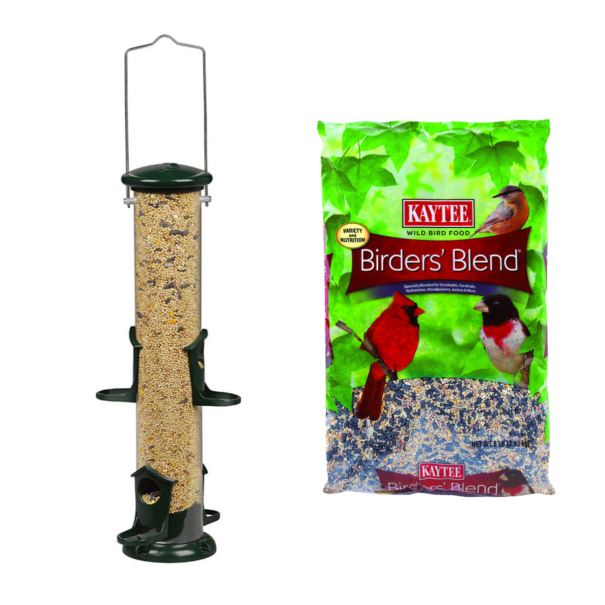 Wild Bird Metal Tube Bird Feeder with 4 Feeding Ports, 2 lb Capacity, Green, Includes 8 lb Songbird Black Oil Sunflower Seed Blend, for Backyard Birdwatching and Viewing