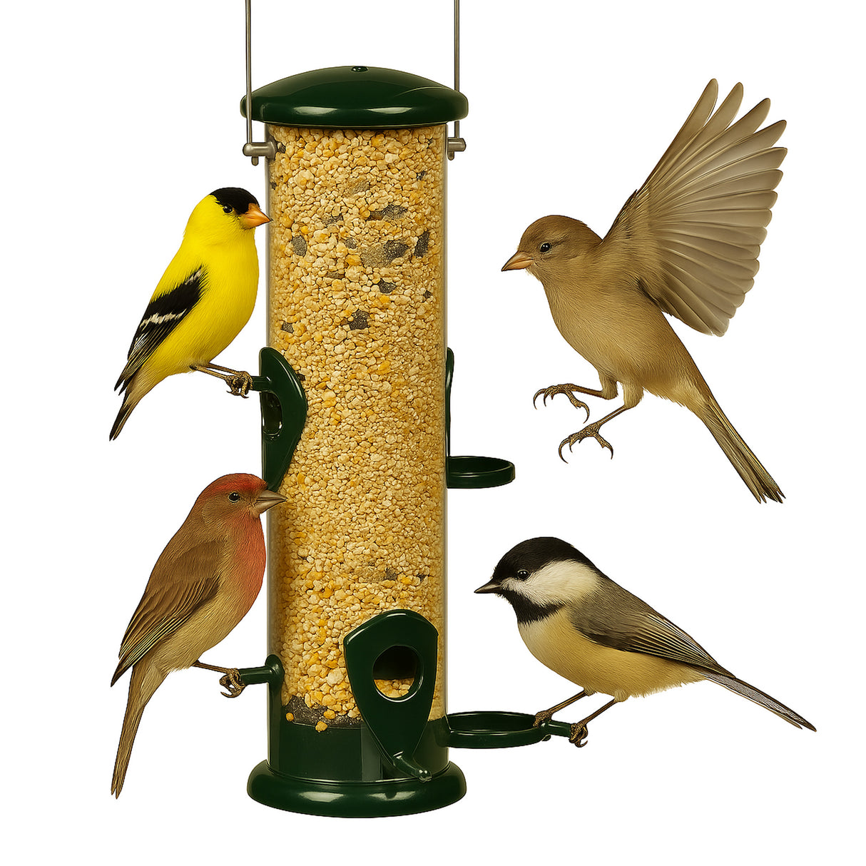 Wild Bird Metal Tube Bird Feeder with 4 Feeding Ports, 2 lb Seed Capacity, Green, Includes 8 lb Songbird Black Oil Sunflower Seed Blend, for Backyard Birdwatching and Viewing