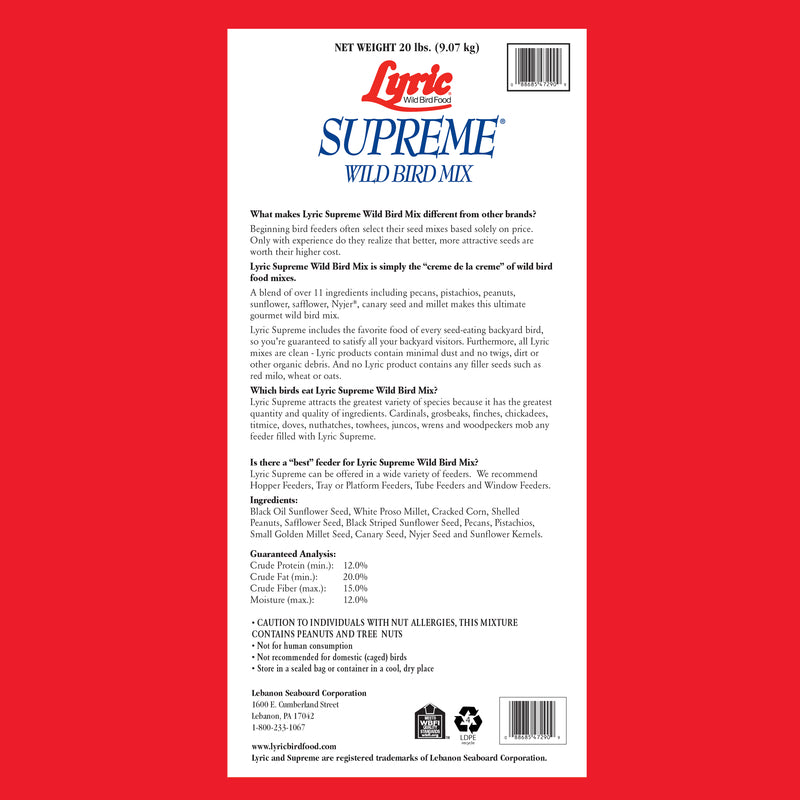 Lyric Supreme Assorted Species Sunflower Seeds Wild Bird Food 20 lb