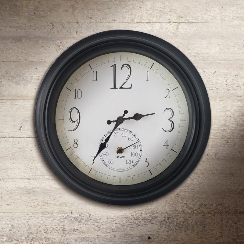 Taylor Decorative Clock/Thermometer Plastic Black 14 in.