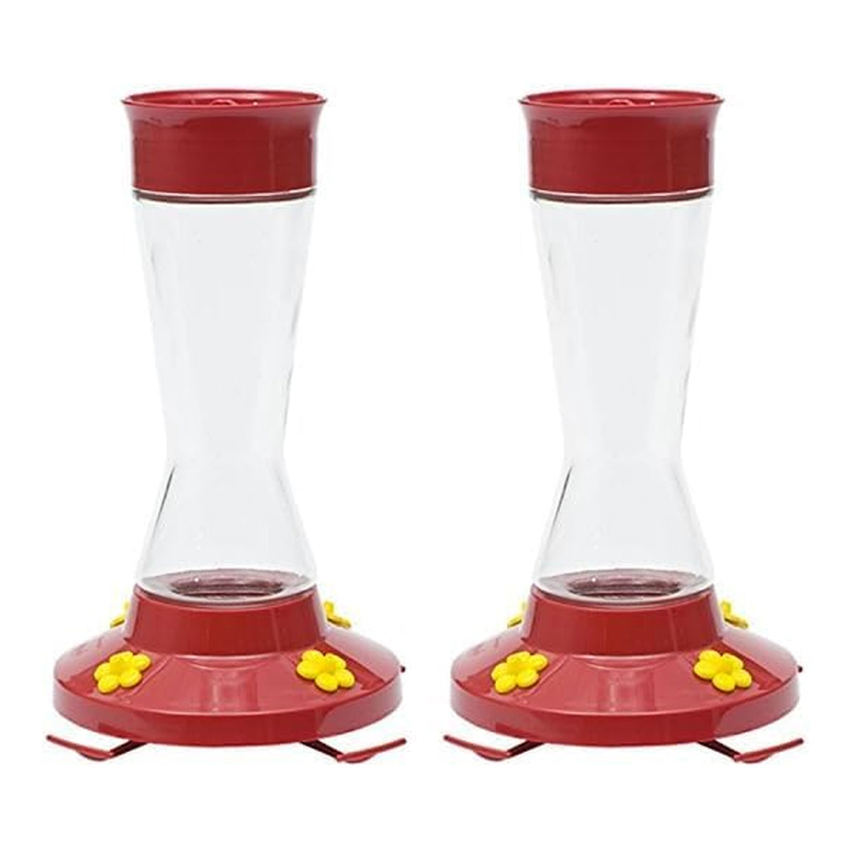 Pinch Waist Glass Hummingbird Feeder, 16 oz, 4 Flower Ports with Perches, Removable Bee Guards & Ant Moat, Easy Clean Feeder, Red, Pack of 2
