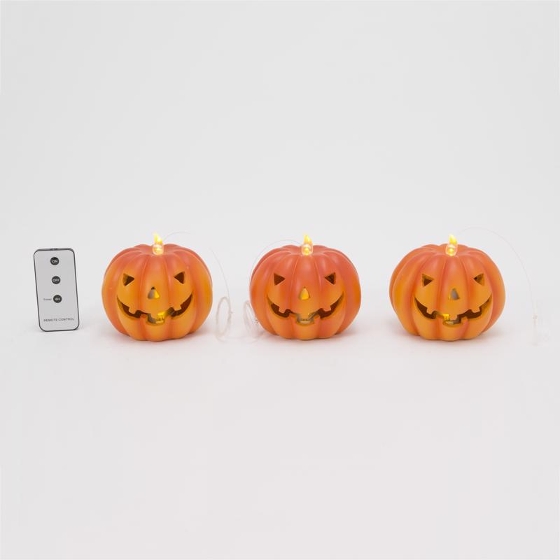 Gerson 4.5 in. Set of 3 Lighted Resin Halloween Pumpkins with Remote Hanging Decor