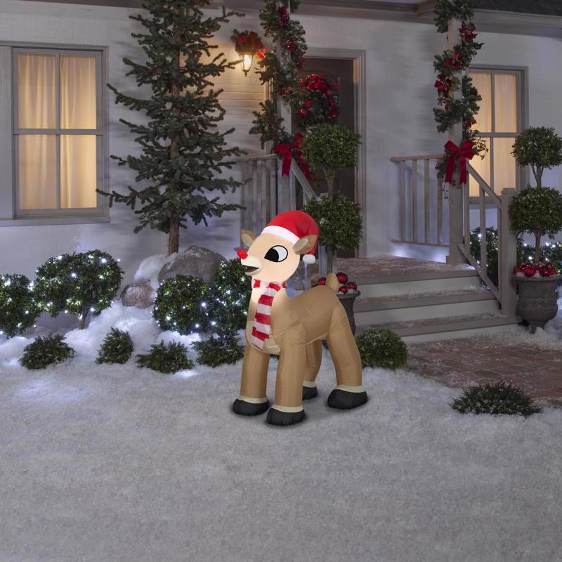 Gemmy Christmas Airblown Inflatable Standing Rudolph w/Santa Hat & Scarf, 3.5 ft Tall, Brown
