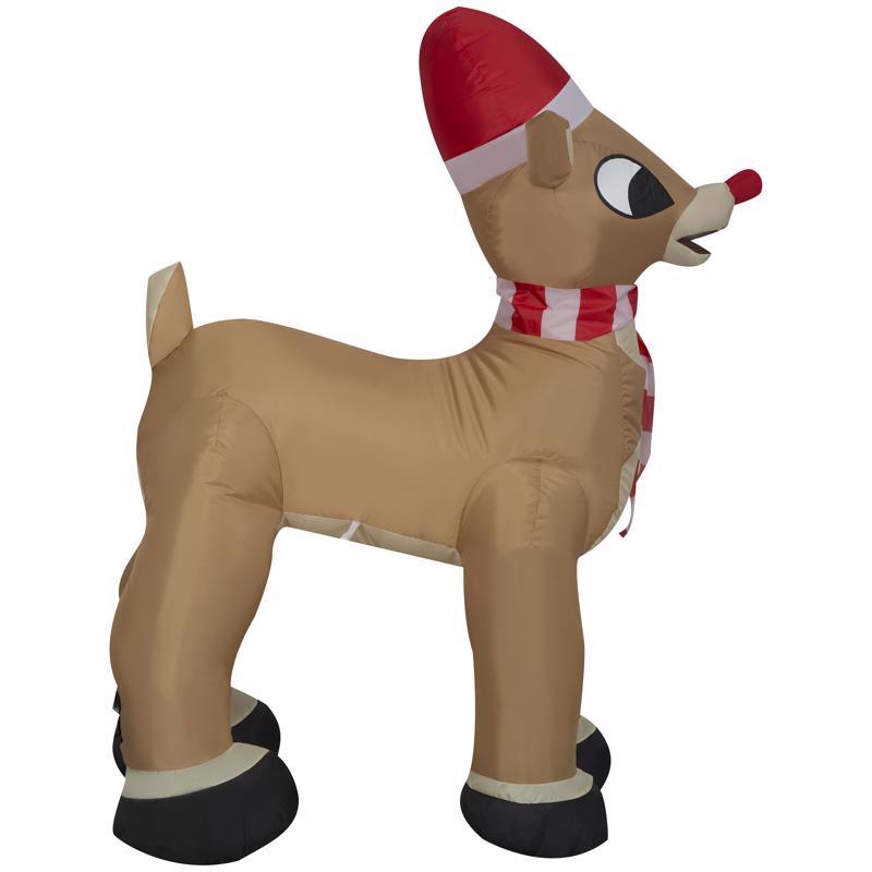 Gemmy Christmas Airblown Inflatable Standing Rudolph w/Santa Hat & Scarf, 3.5 ft Tall, Brown