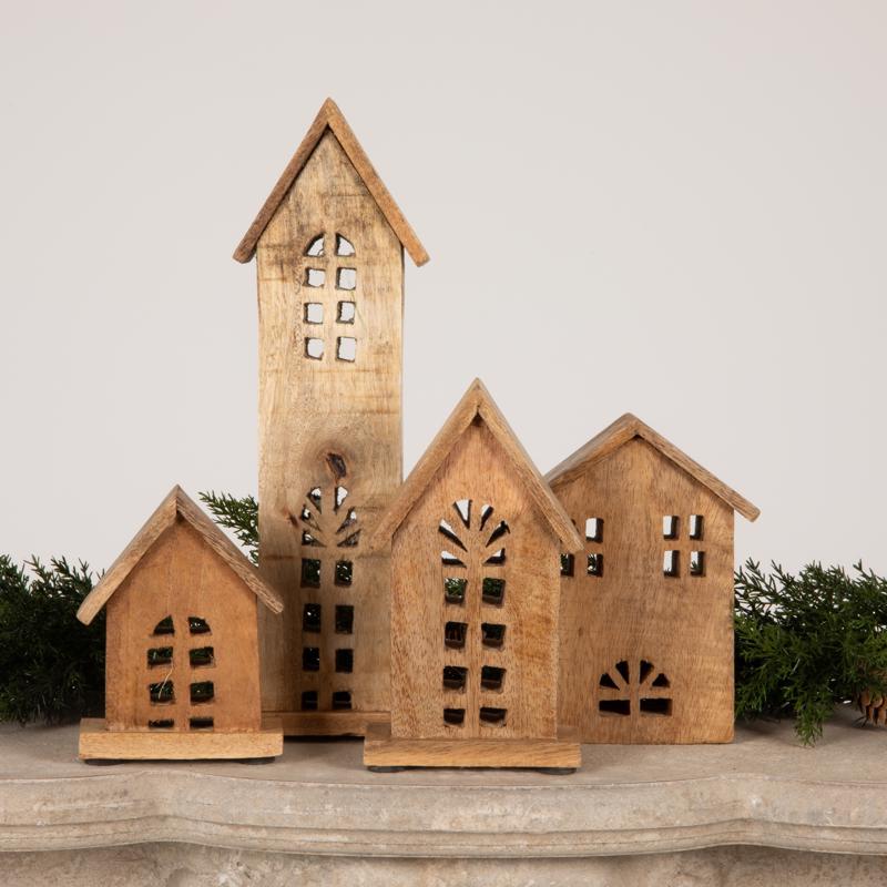 Creative Co-Op Carved Mango Wood Houses Table Decor