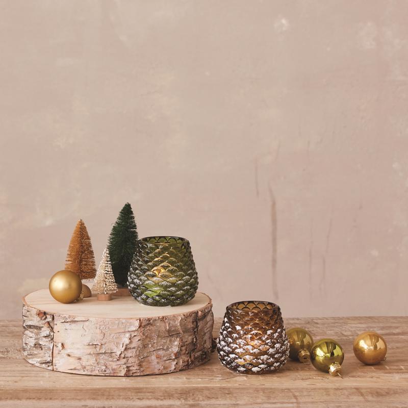 Creative Co-Op Amber/Green Glass Pinecone Tealight Holder Table Decor