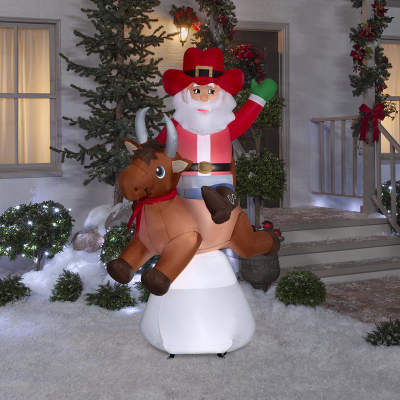 Santa Bucking on Bull Scene Santa Bull 72 in. Inflatable