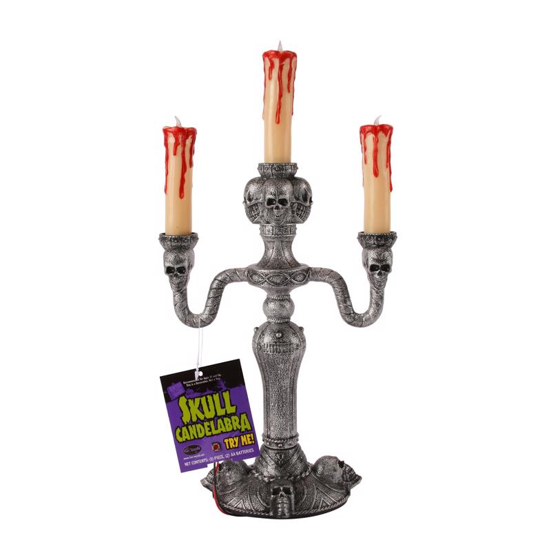 Fun World 14.13 in. LED LED Gothic Skull Candelabra Halloween Decor
