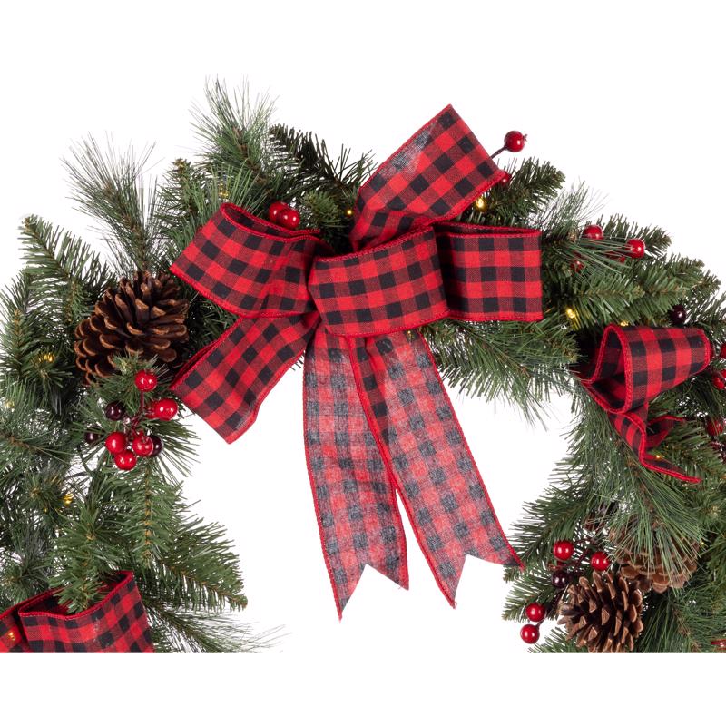 Celebrations 30 in. D LED Warm White Plaid Bow Wreath