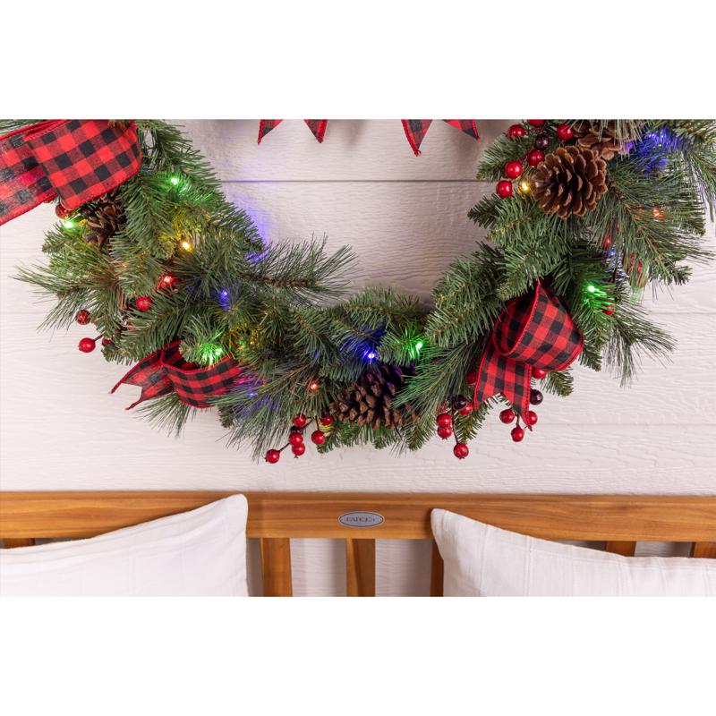 Celebrations 30 in. D LED Warm White Plaid Bow Wreath