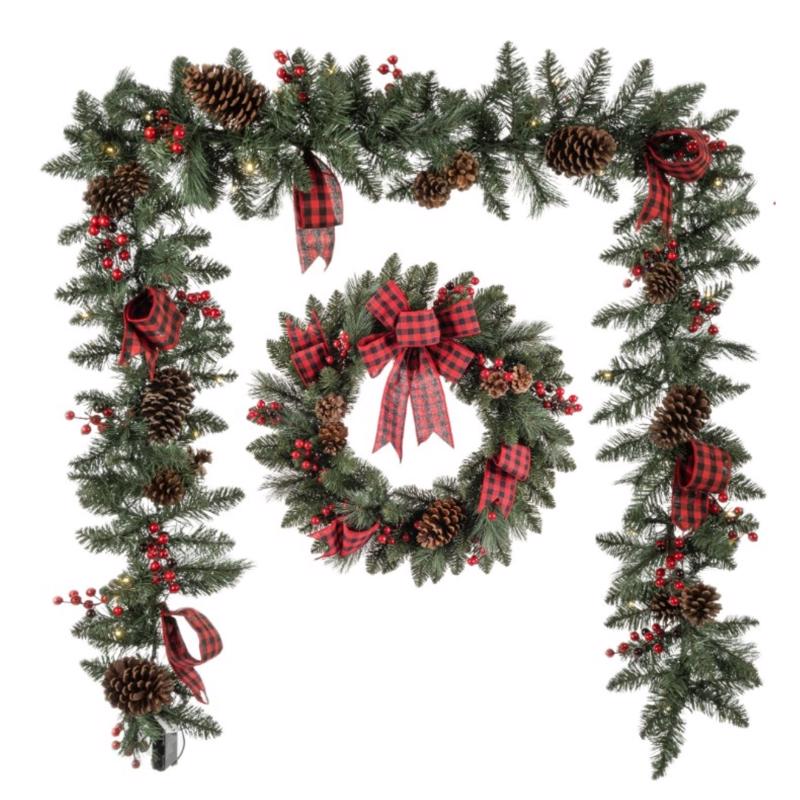 Plaid Bow Pine & Berry Wreath & Garland Bundle