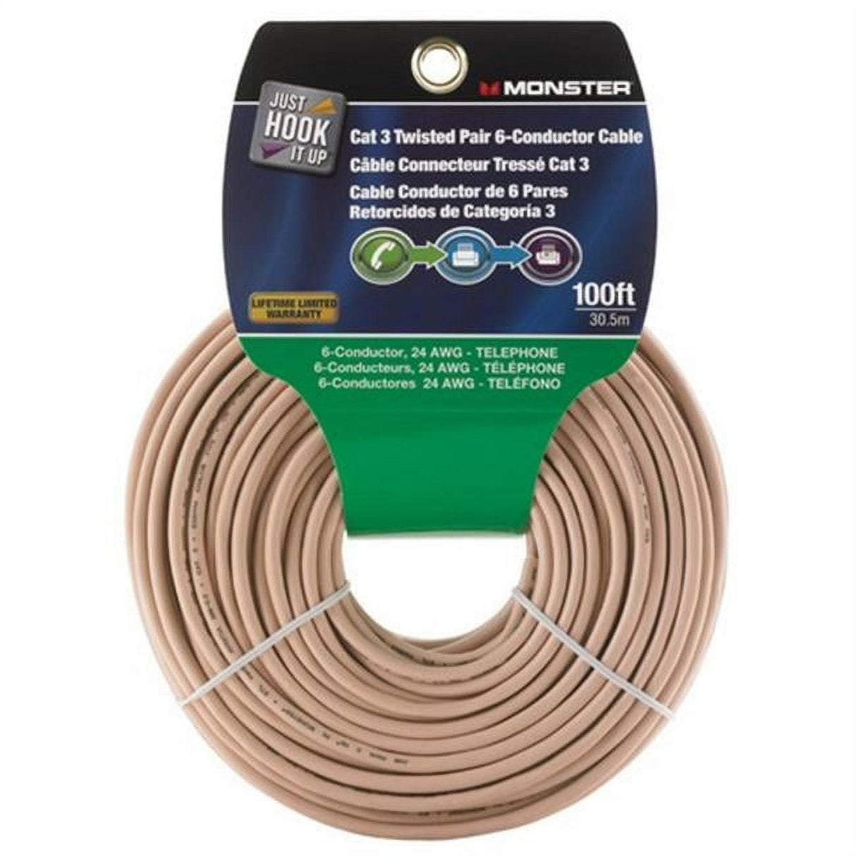 Monster Just Hook It Up 100 ft. L Ivory Category 3 Twisted Pair Wire