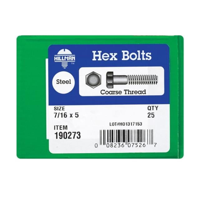Hillman 7/16 in. D X 5 in. L Zinc Plated Steel Hex Bolt 25 pk