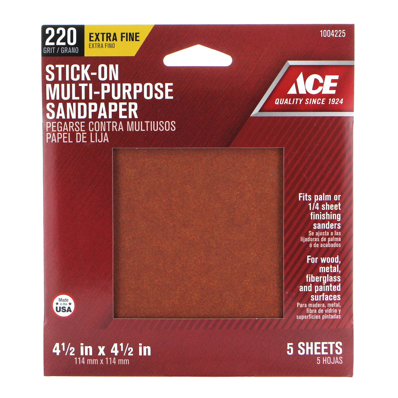 Ace 4.5 in. L X 4.5 in. W 220 Grit Aluminum Oxide Sandpaper 5 pk