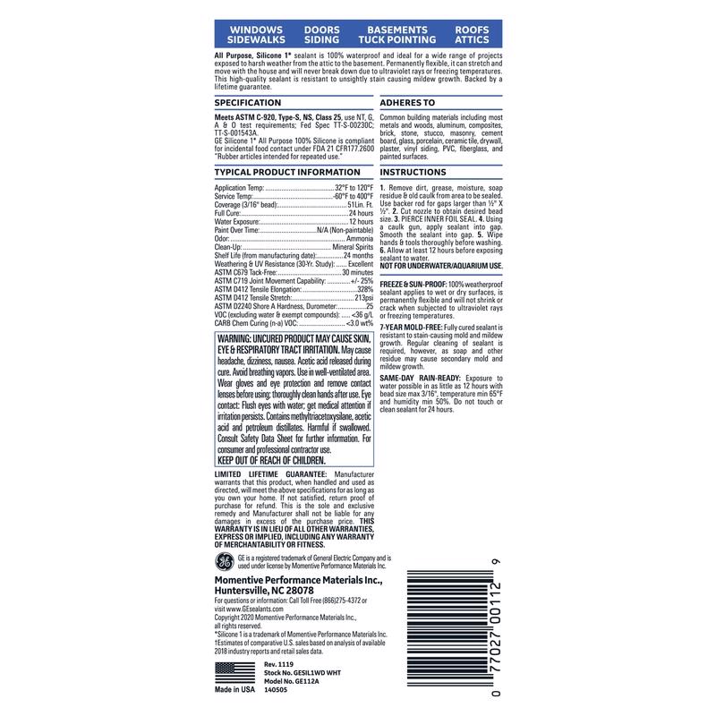 GE Window & Door White Silicone 1 Window and Door Caulk Sealant 10.1 oz