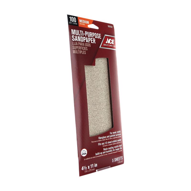 Ace 11 in. L X 4-1/2 in. W 100 Grit Aluminum Oxide Sandpaper 5 pk