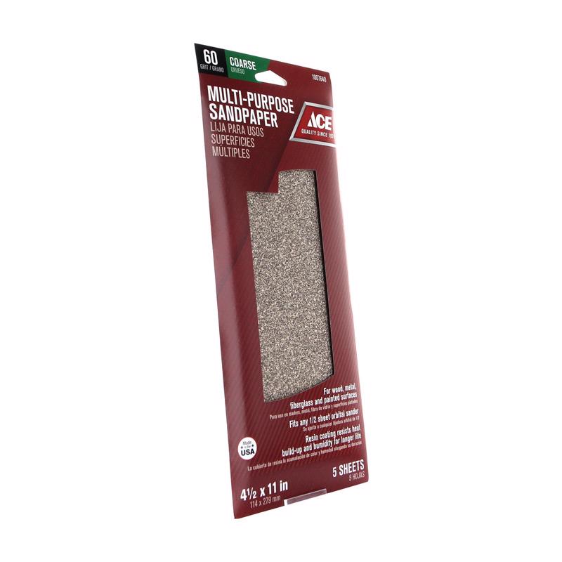 Ace 11 in. L X 4-1/2 in. W 60 Grit Aluminum Oxide Sandpaper 5 pk