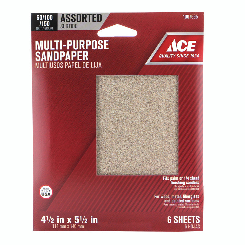 Ace 5.5 in. L X 4.5 in. W Assorted Grit Aluminum Oxide Sanding Sheet 6 pk