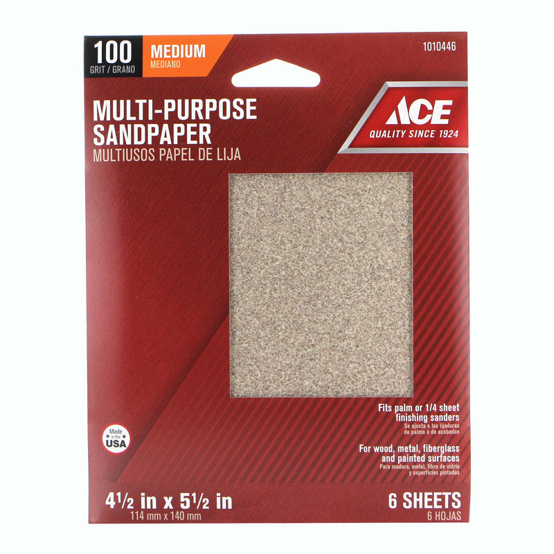 Ace 5-1/2 in. L X 4-1/2 in. W 100 Grit Aluminum Oxide 1/4 Sheet Sandpaper 6 pk