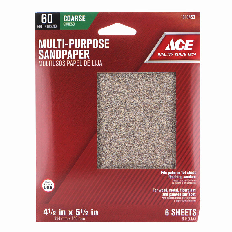 Ace 5-1/2 in. L X 4-1/2 in. W 60 Grit Aluminum Oxide 1/4 Sheet Sandpaper 6 pk