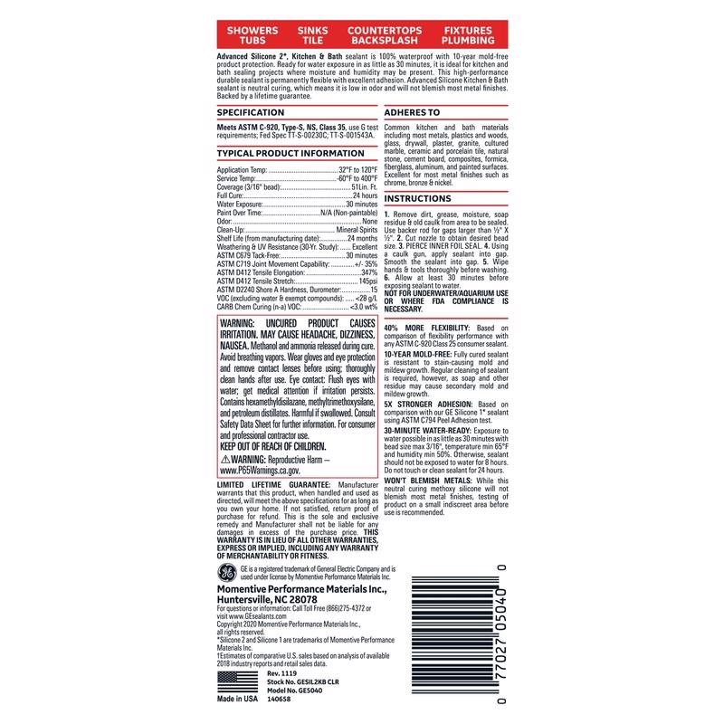 GE Advanced Clear Silicone 2 Kitchen and Bath Caulk Sealant 10.1 oz