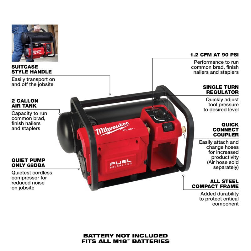 Milwaukee M18 FUEL 2 gal Horizontal Portable Quiet Air Compressor 135 psi