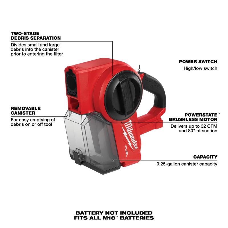 Milwaukee M18 FUEL 0940-20 0.25 gal Cordless Compact Hand Vacuum Tool Only 18 V