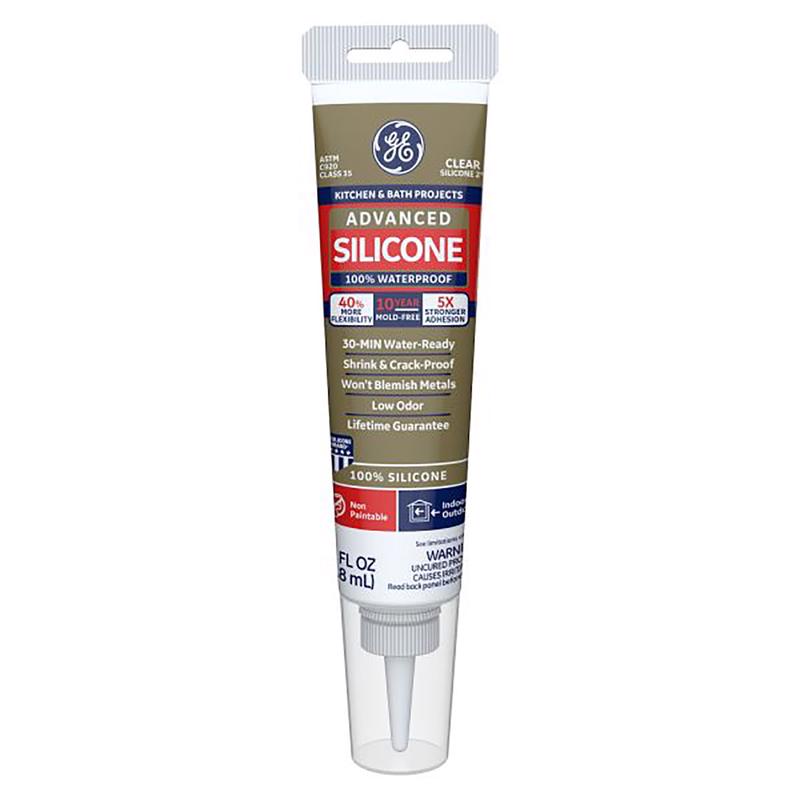 GE Advanced Silicone Caulk for Kitchen & Bathroom - 100% Waterproof Silicone Sealant, 5X Stronger Adhesion, Shrink & Crack Proof - 2.8 fl oz Tube