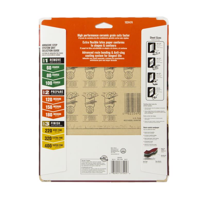 Ace 11 in. L X 9 in. W 180 Grit Aluminum Oxide All Purpose Sandpaper 4 pk