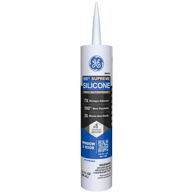 GE Supreme Silicone Caulk Waterproof Sealant 10 oz Cartridge White Pack of 12