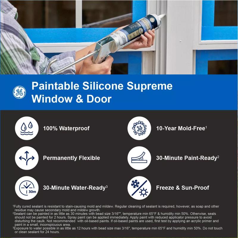 GE White Supreme Silicone Window and Door Caulk Sealant 9.5 oz