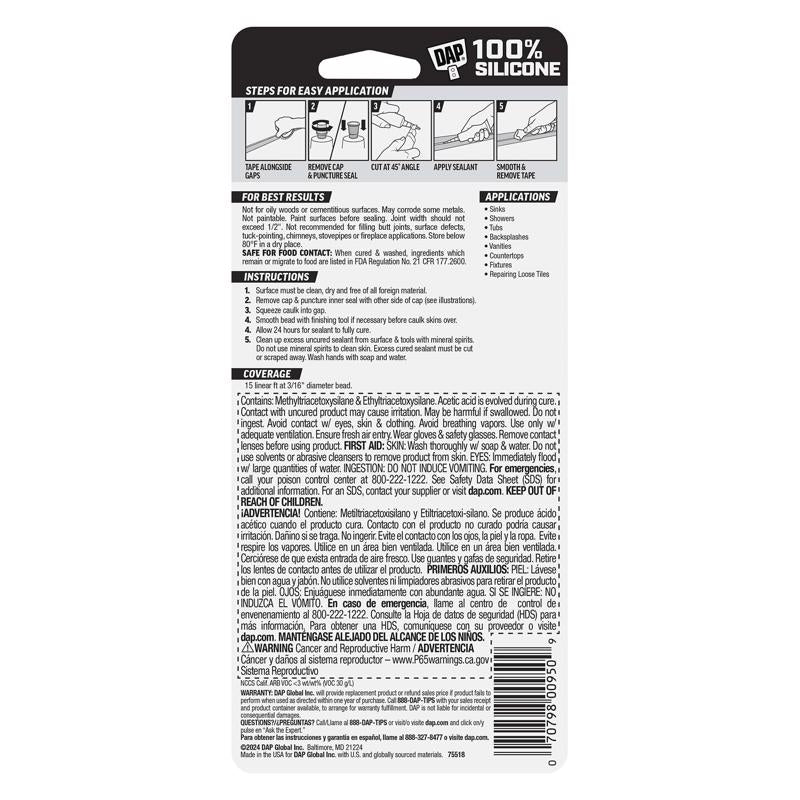 DAP White Silicone Rubber Kitchen and Bath Waterproof Sealant 2.8 fl. oz.