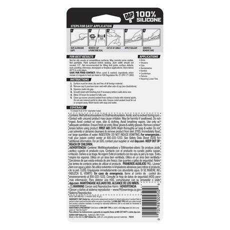 DAP White Silicone Rubber Kitchen and Bath Waterproof Sealant 2.8 fl. oz.