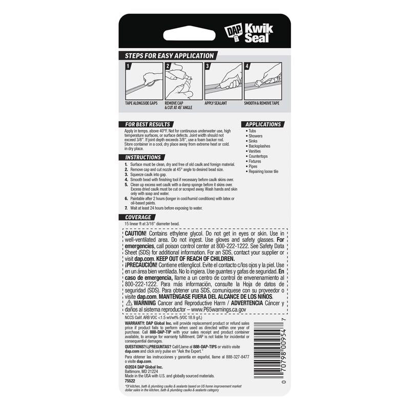 DAP Kwik Seal White Acrylic Latex Kitchen and Bath Adhesive Caulk 2.8 oz