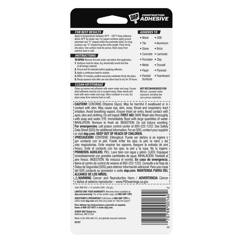 DAP Heavy Duty Construction Adhesive 3 oz