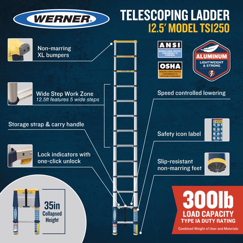 Werner 12.5 ft. H Aluminum Telescoping Multi-Position Ladder Type IA 300 lb. capacity