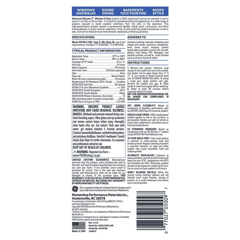 GE Advanced Light Gray Silicone 2 Window and Door Caulk Sealant 10.1 oz