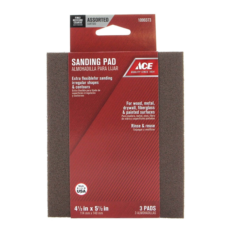 Ace 5-1/2 in. L X 4-1/2 in. W X 1/4 in. 60/120/180 Grit Assorted Sanding Sponge