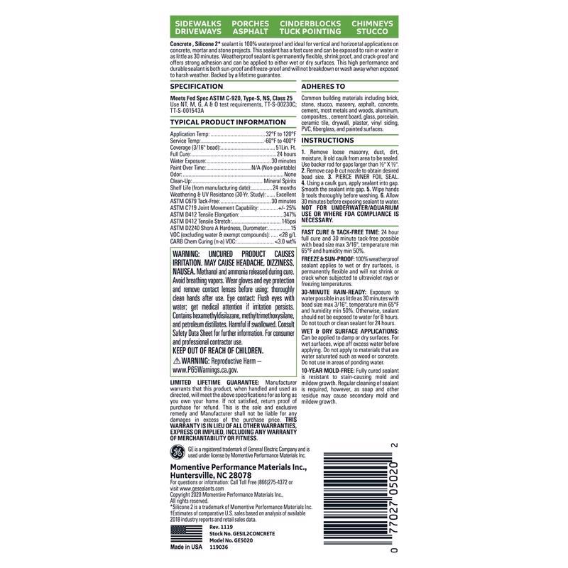 GE Advanced Light Gray Silicone 2 Concrete and Masonry Caulk Sealant 10.1 oz