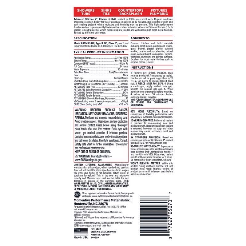 GE Advanced White Silicone 2 Kitchen and Bath Caulk Sealant 10.1 oz