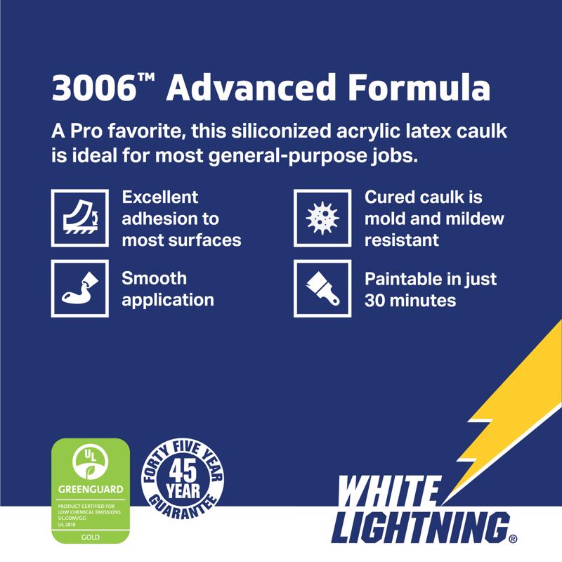 White Lightning 3006 Advanced Formula White Siliconized Acrylic Latex Caulk 10 oz