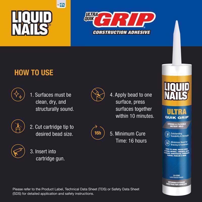 Liquid Nails Ultra Quick Grip Synthetic Elastomeric Polymer Construction Adhesive 10 oz