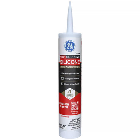 GE Supreme Silicone Caulk for Kitchen & Bathroom - 100% Waterproof Silicone Sealant, 7X Stronger Adhesion, Shrink & Crack Proof - 10 oz Cartridge, Clear, Pack of 12