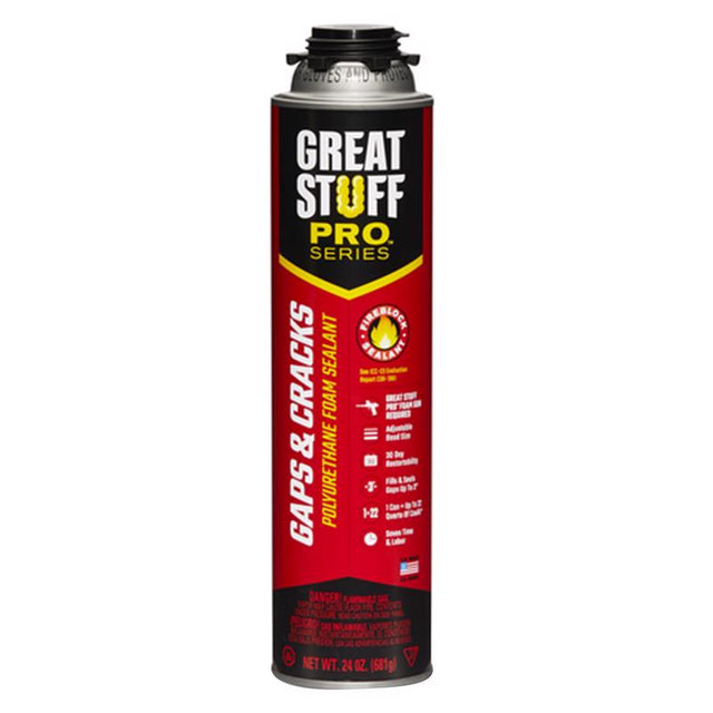 GREAT STUFF PRO Gaps and Cracks - 24oz Fireblock Foam Insulation Sealant, Pack of 12. Closed Cell, Polyurethane Expanding Spray Foam. Seals & Insulates Gaps Up to 3"