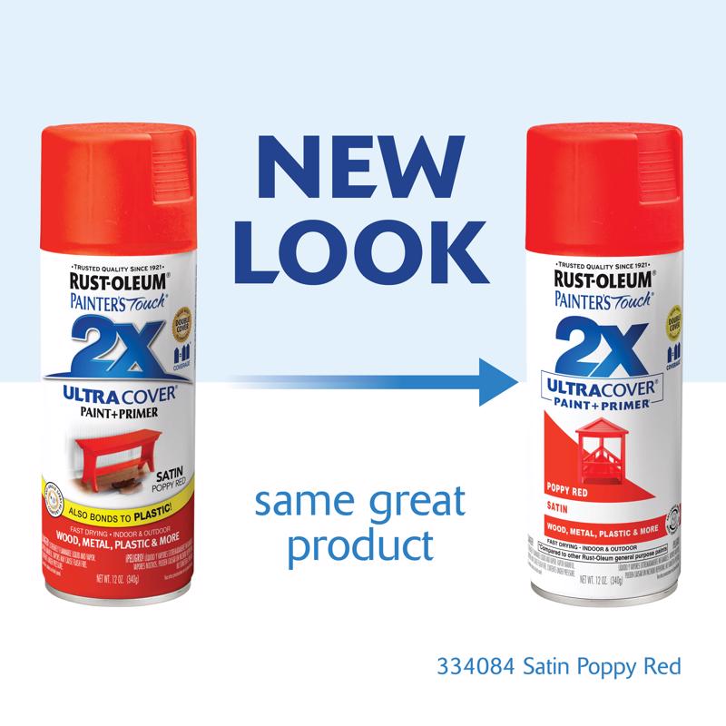 Rust-Oleum Painter's Touch 2X Ultra Cover Satin Poppy Red Paint+Primer Spray Paint 12 oz