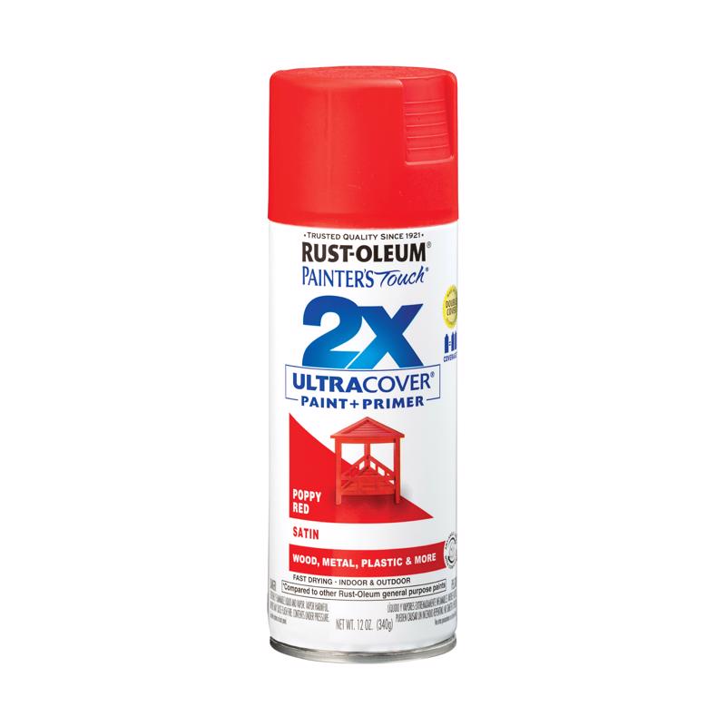 Rust-Oleum Painter's Touch 2X Ultra Cover Satin Poppy Red Paint+Primer Spray Paint 12 oz