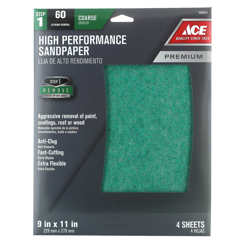 Ace 11 in. L X 9 in. W 60 Grit Aluminum Oxide Sandpaper 4 pk
