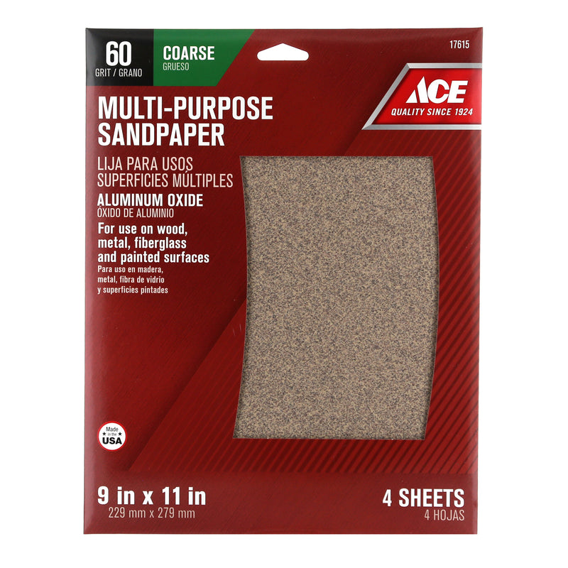 Ace 11 in. L X 9 in. W 60 Grit Aluminum Oxide Sandpaper 4 pk