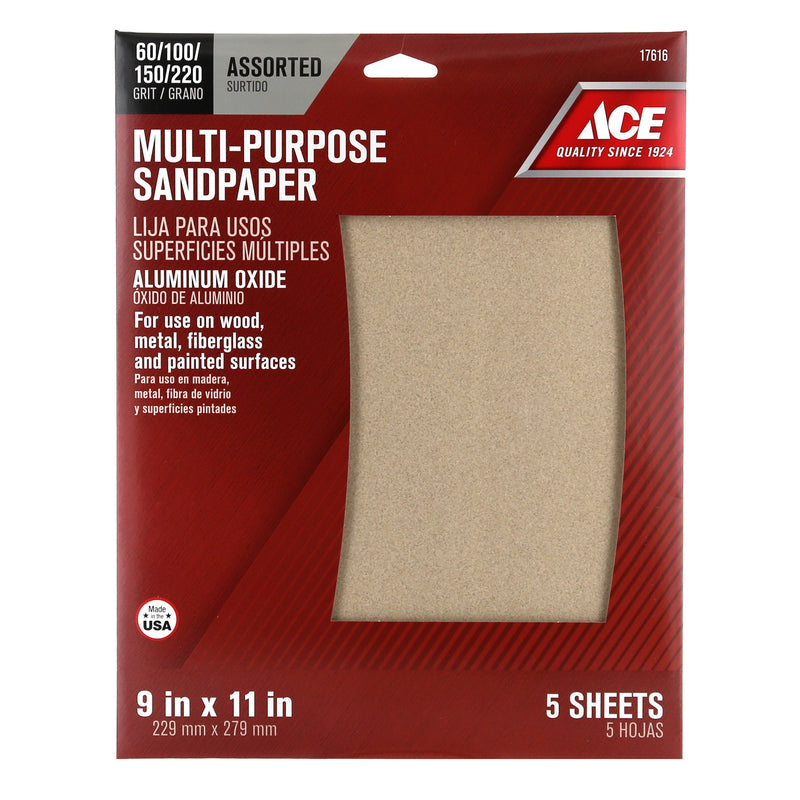 Ace 11 in. L X 9 in. W Assorted Grit Aluminum Oxide Sandpaper 5 pk