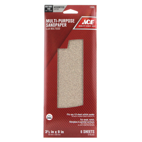 Ace 9 in. L X 3-2/3 in. W Assorted Grit Aluminum Oxide Sandpaper 6 pk